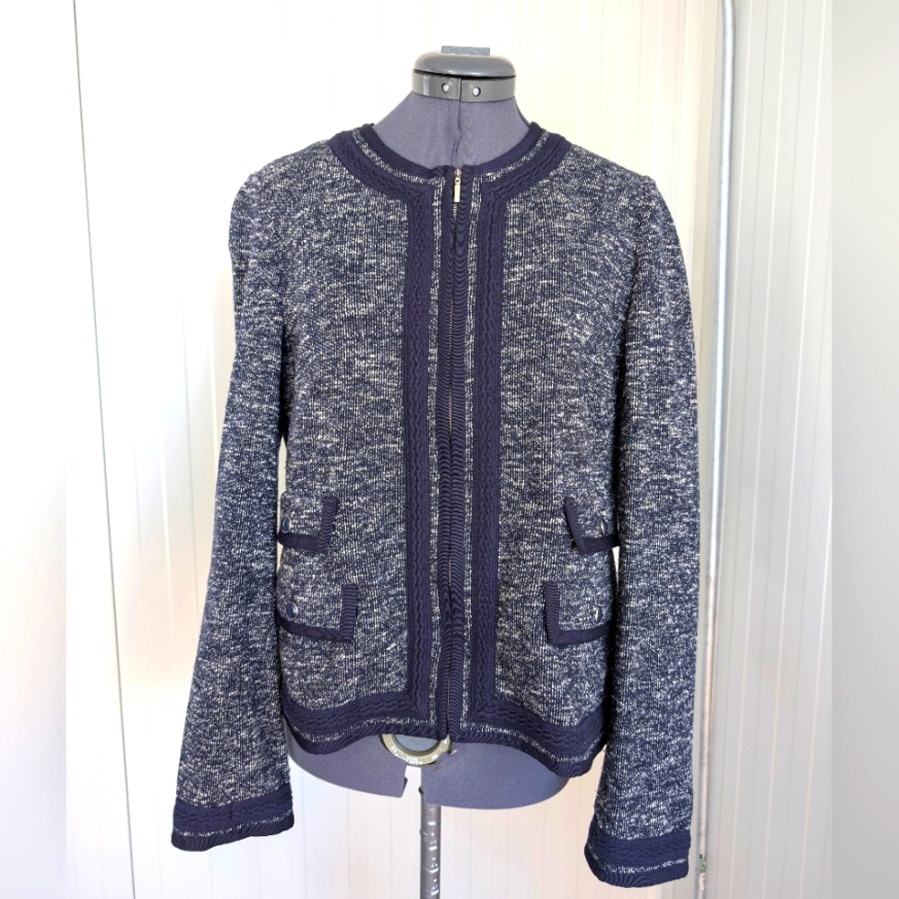 Talbots 12 Chic Navy + White Cotton Tweed Jacket Sweater Zip Front, Navy Piping